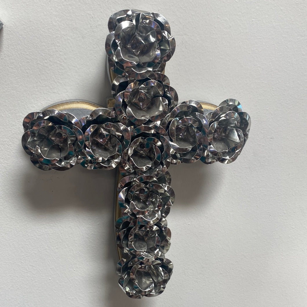 Punched Tin Cross - Rose Silver Gold Trim