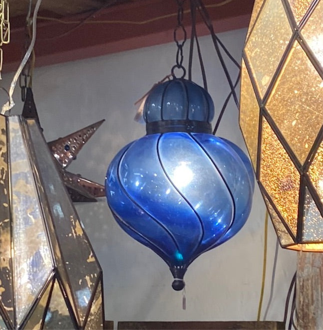 Handblown Blue Glass Swirl Lantern