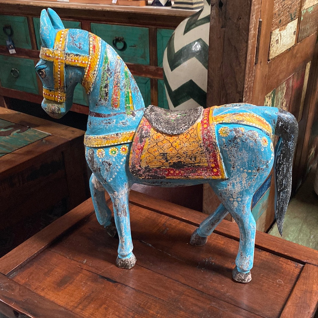 Wood Blue Painted Small Horse-DECOR0022
